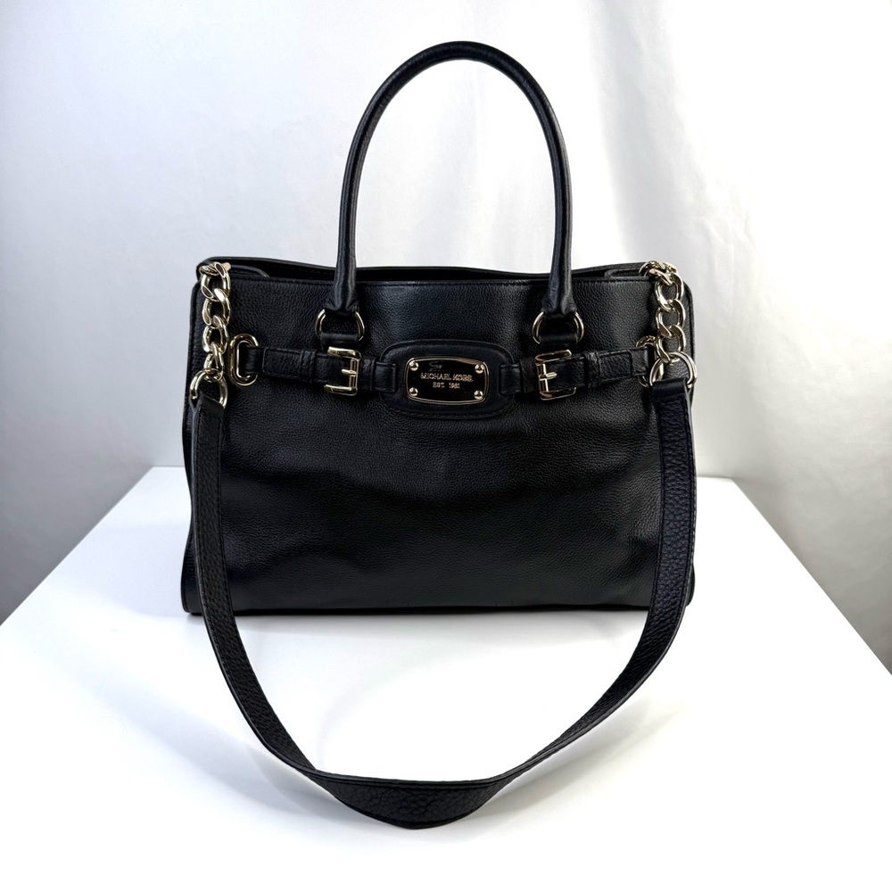 Michael Kors Black Gold Hamilton Pebbled Leather Tote Shoulder Hand Bag